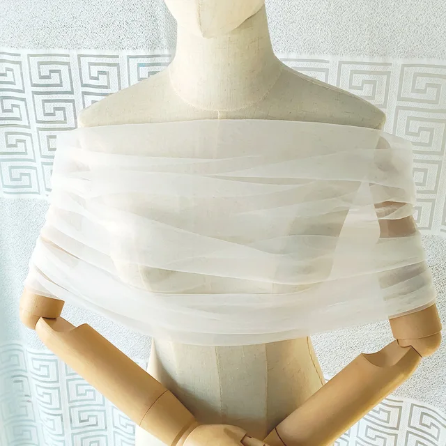 Women Pleated Tulle Sheer Wrap Wedding Bridal Off the Shoulder Stole Elegant Formal Shawl with Button Ivory Customizabl