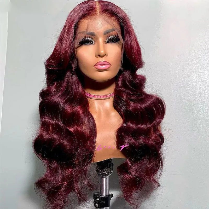 

Soft 26" Long Burgundy Body Wave Curly Lace Front Wig For Black Women 180Density Glueless 99j BabyHair Preplucked Daily Cosplay