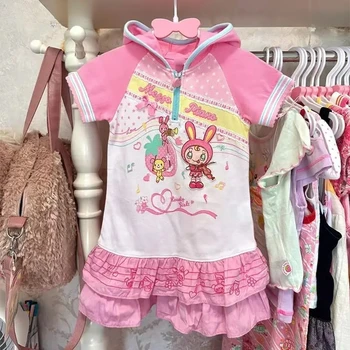 2025 Summer Japanese Kawaii Hooded T Shirts Women Y2k Hooded Short Sleeve Cartoon Print T-shirt Tops Casual Fashion Sweet Tees 1