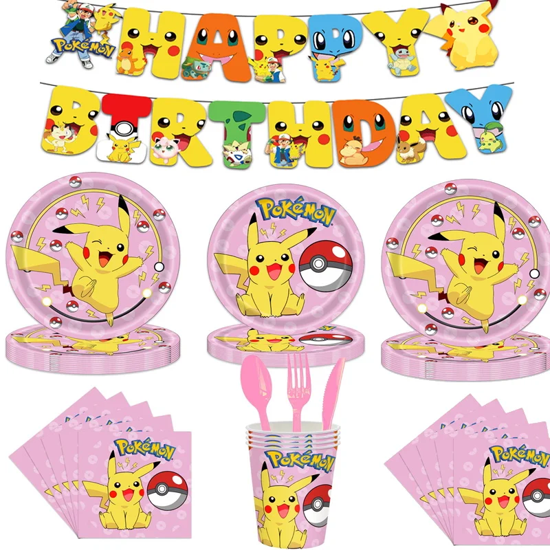 PokemonBirthdayPartyDecorationsPinkPaperNapkinsPlatesCups