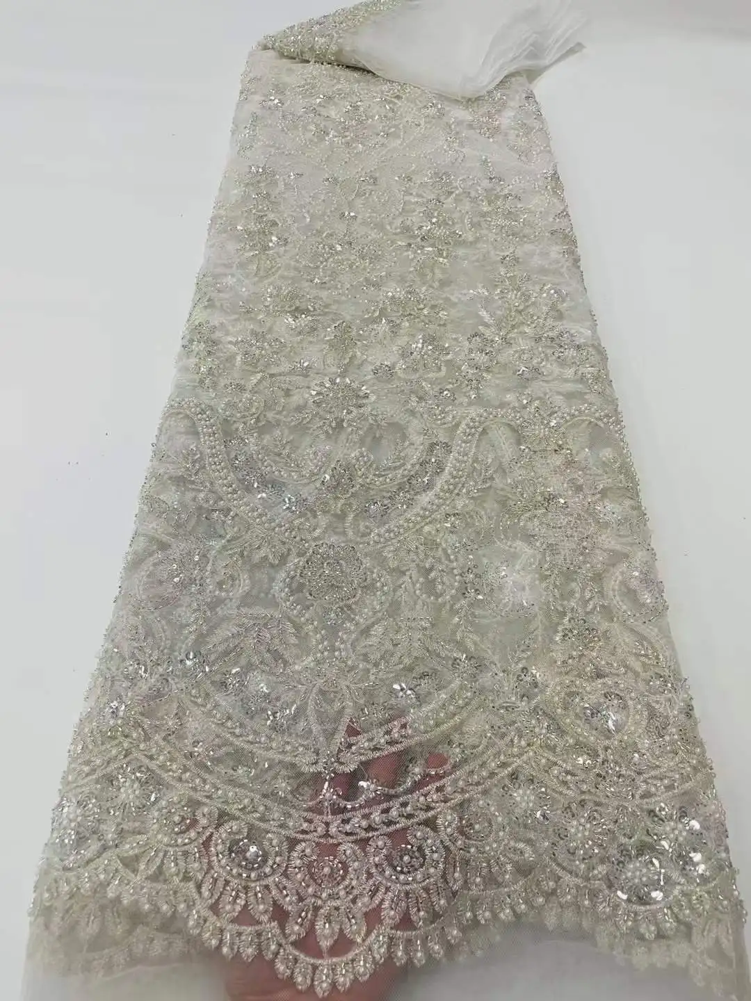 

High end three-dimensional rice bead positioning skirt hem, mesh embroidery, lace fabric, dress fabric, Fabic lace 5yard