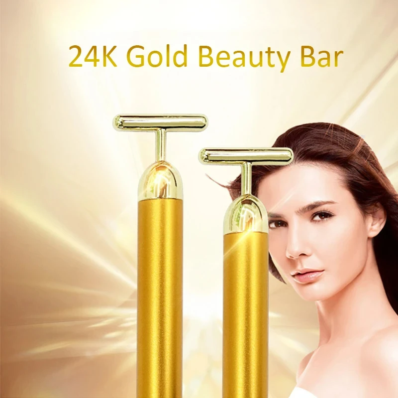 24k Gold T-shaped Vibrating Facial Roller Beauty Roller Slimming Face Massager Device Tightening Anti-wrinkle Facial Care Tools 2