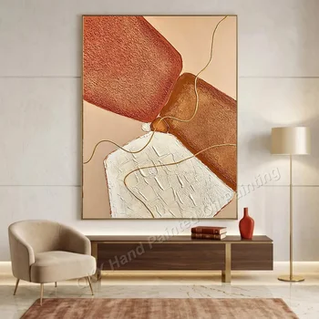 Dipinto a Olio su Tela Fatto a Mano, Decorazione Murale per Soggiorno, Arte su Tela Geometrica Wabi-Sabi con Linee Dorate Verticali in Impasto
