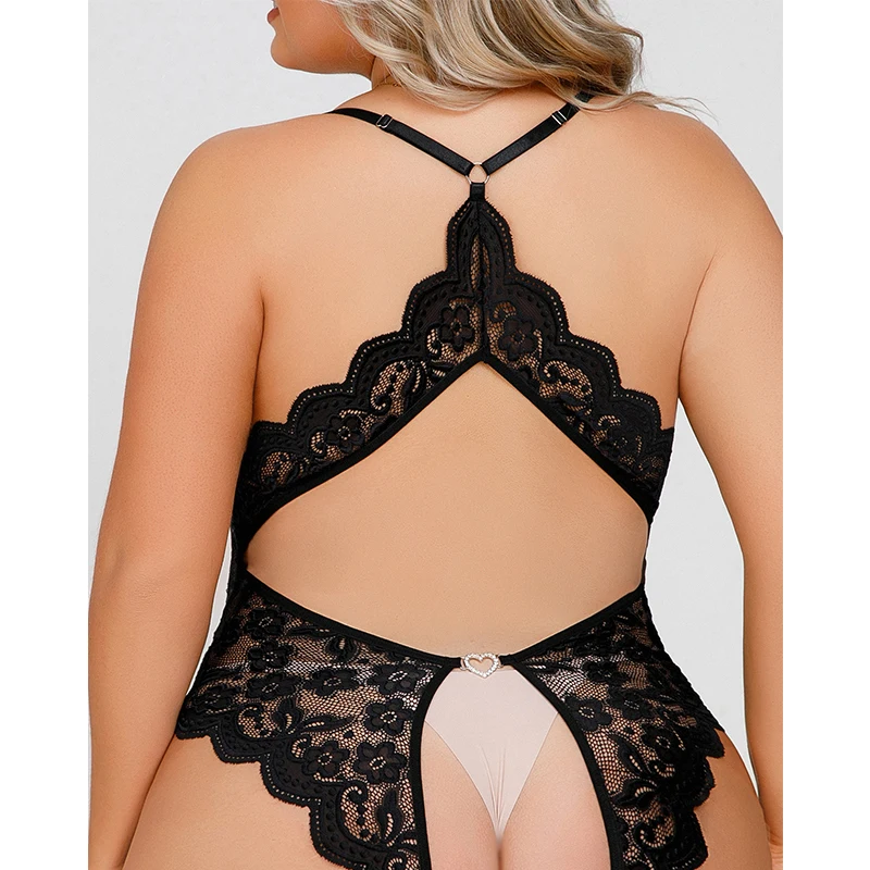 Porn Backless Deep V Exotic Transparent 4XL Plus Size Sexy Adult Women's Lace Lingerie Crotchless Black Bodysuit Erotic Costumes