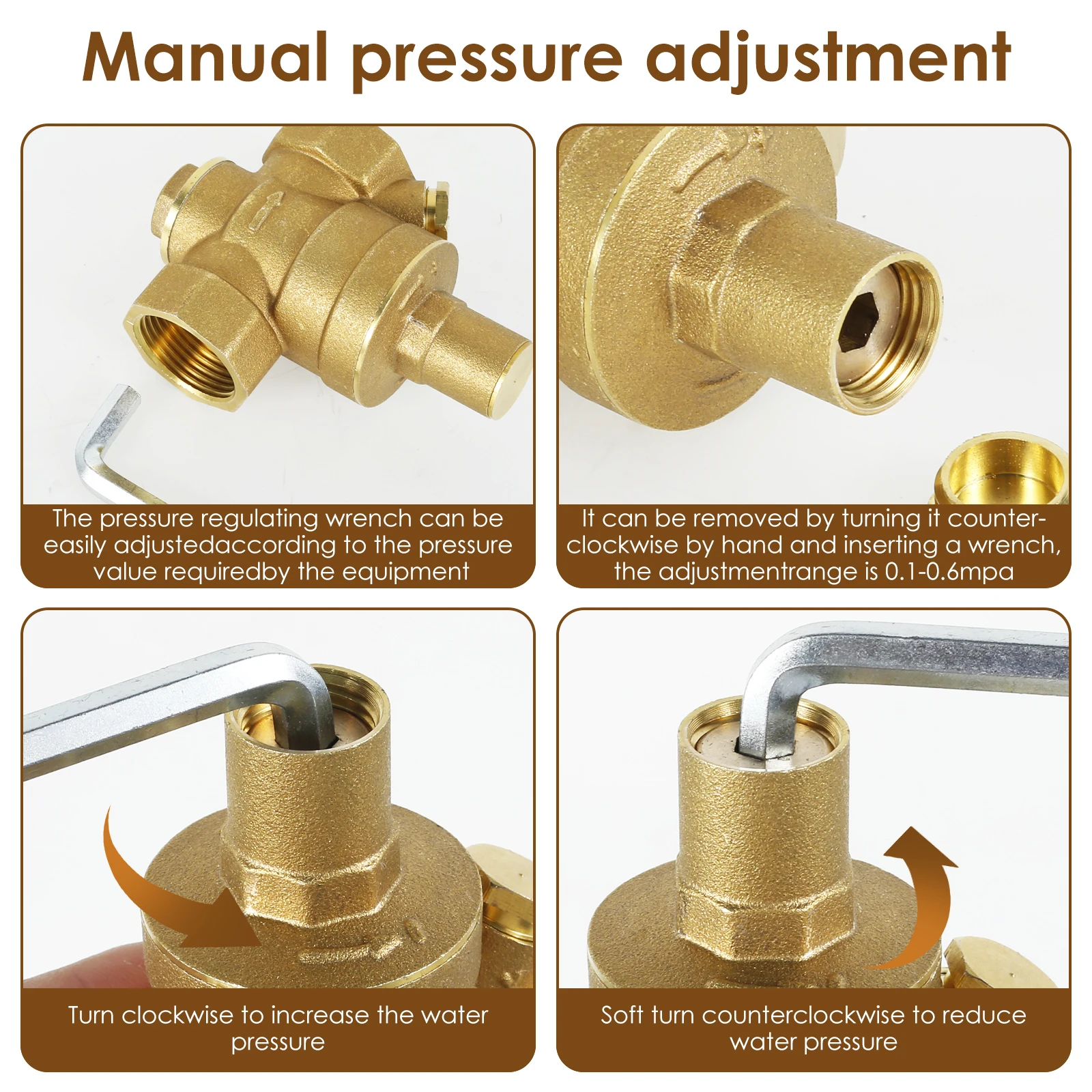 Water Pressure Reducer 3/4inch DN20 Brass Water Pressure Regulator Valve 1/2inch DN15 Adjustable Pressure Reducer with Pressure