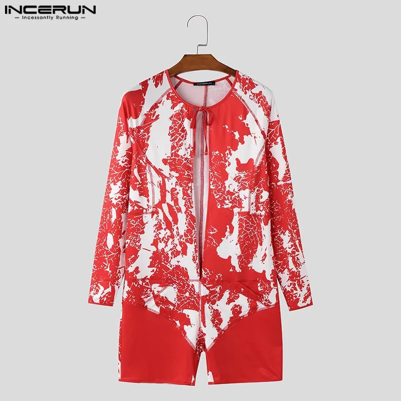 INCERUN American Style Bodysuits Sexy Stylish Men Printed Long Sleeved Jumpsuits Male Hot Sale Cropped Long Sleeved Rompers