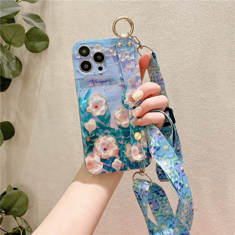 Elegant Floral Diamond Soft Cover with Crossbody Lanyard and Wrist Strap