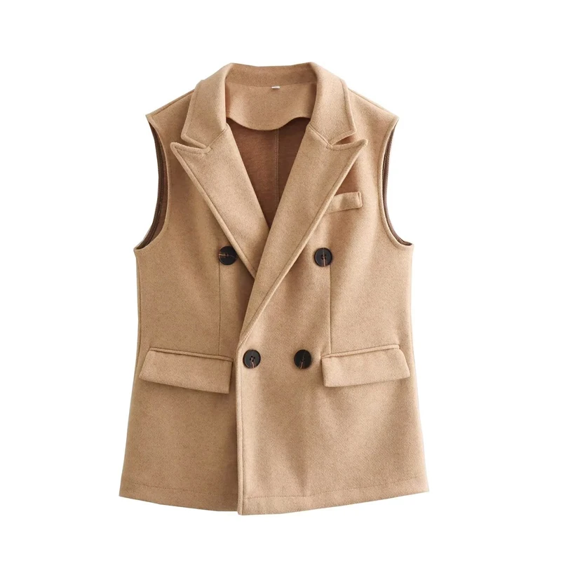 

SLTNX TRAF Brown Women's Vest for Women 2023 Autumn Sleeveless Vests Coats Female Chic Double-breasted with Pocket Waistcoat Top