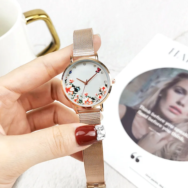 

Temperament Diamond-inlaid Women Watch Steel Wire Mesh Camellia Dial Quartz Watch Leisure Fashion Wristwatches Dropshipping