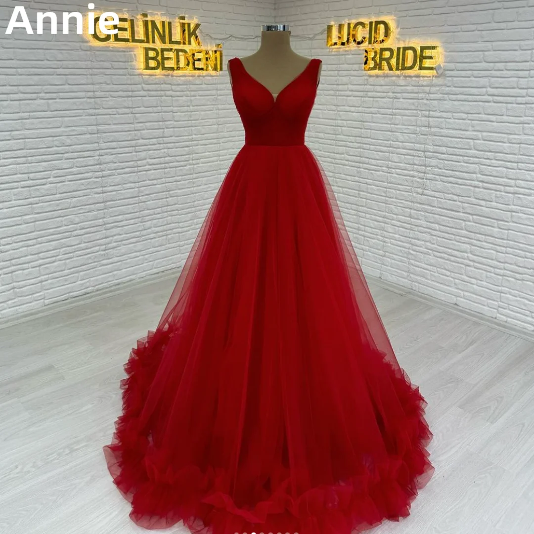 

Annie Red Prom Dresses V-neck Tulle Curled Edges Wedding Dress 2024 Vestidos De Noche Formal Occasions Wedding Party Dresses