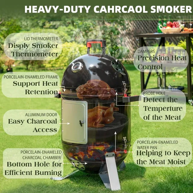 18-Inch Vertical Charcoal Smokers BBQ Grills with Porcelain-Enameled Smoking Chamber and 2-Layer Smoking Shelves for Outdoor Ba 4