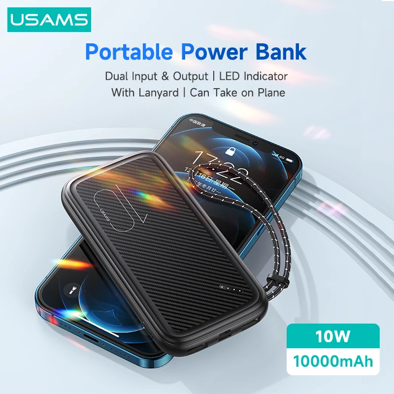 

USAMS 10 Вт Mini Power Bank 10000 мАч Dual USB Power Bank с ремешком Портативный внешний аккумулятор для iPhone Xiaomi Huawei Phone