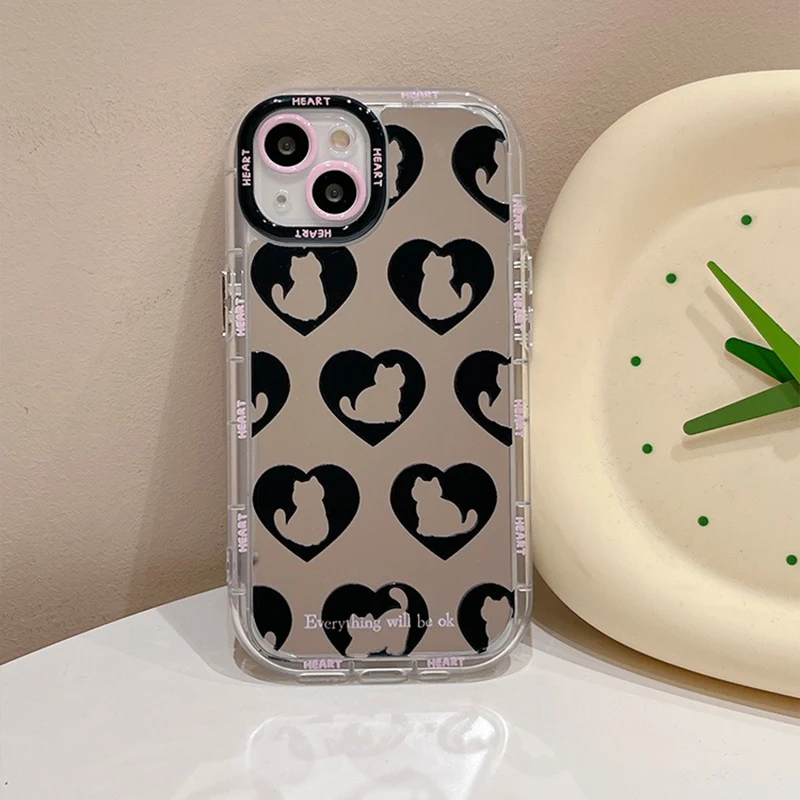 Cat Love Heart Silver Mirror iPhone Case