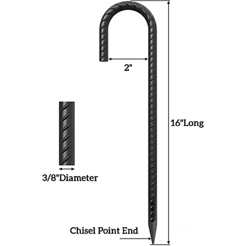 Heavy Duty Steel J Hooks 16" Rebar Stakes Kit 24 Pcs Black Ground Anchor Garden Spike