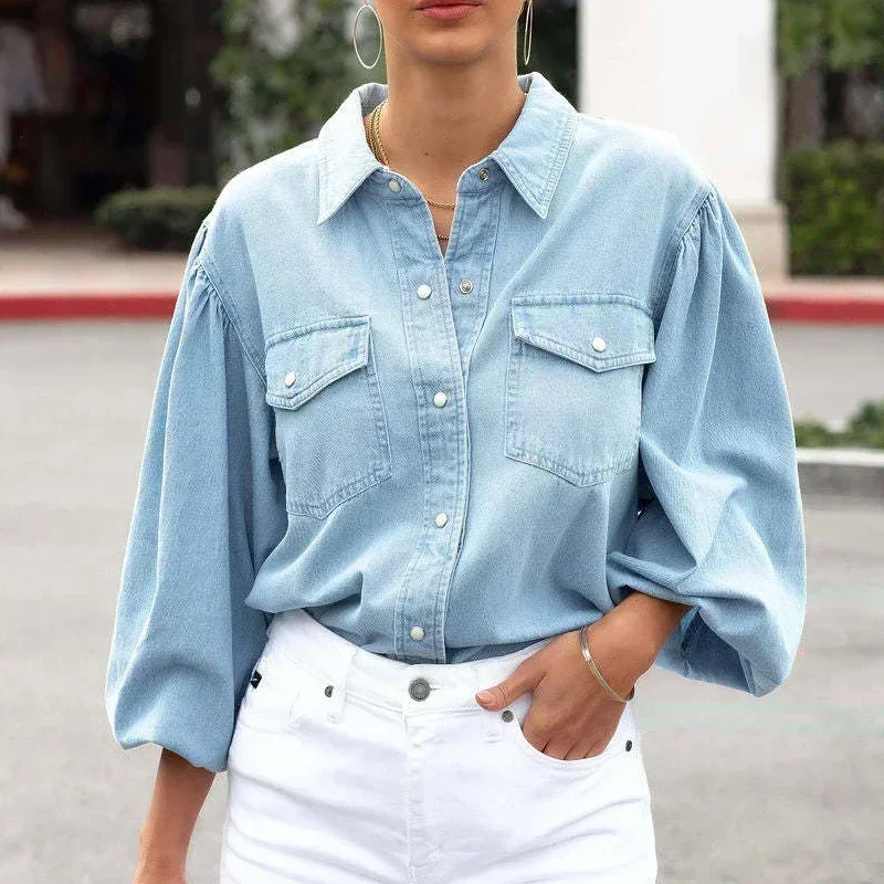 

Korean Turn Down Collar Casual Women Shirt with Pockets Vintage Loose Lantern Sleeve Denim Blouse Office Lady Tops Blusas 30084
