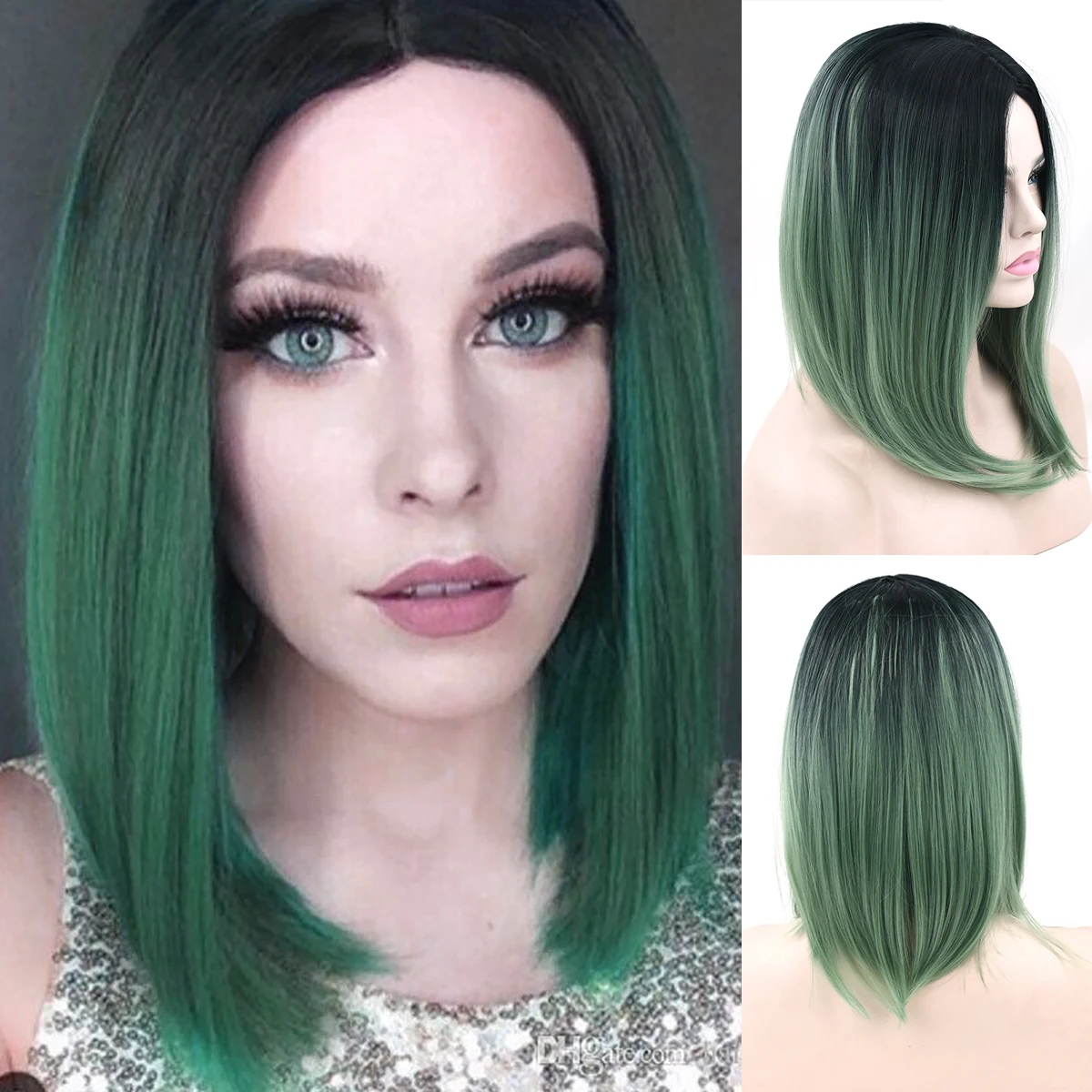 

Soowee Synthetic Hair Black To Green Blue Ombre Hair Short Bob Short Wigs for Women Straight Hair Cosplay Wig for Women