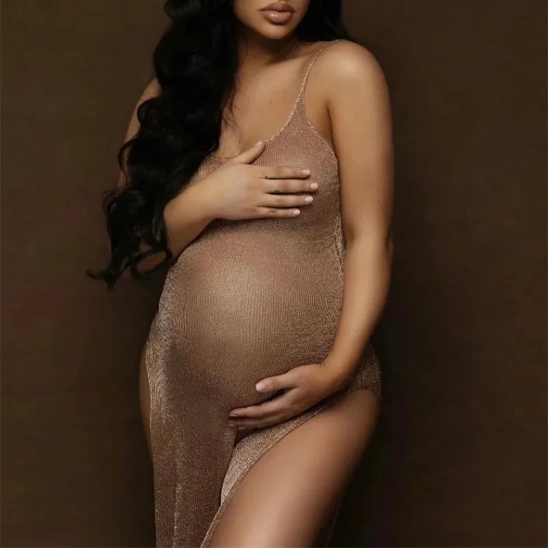 

Maternity Photography Dress Bohemian Sexy Mesh Pregnancy V Neck Sides Slit Suspender Dress Knit Photoshoot Dresses For Pregnant