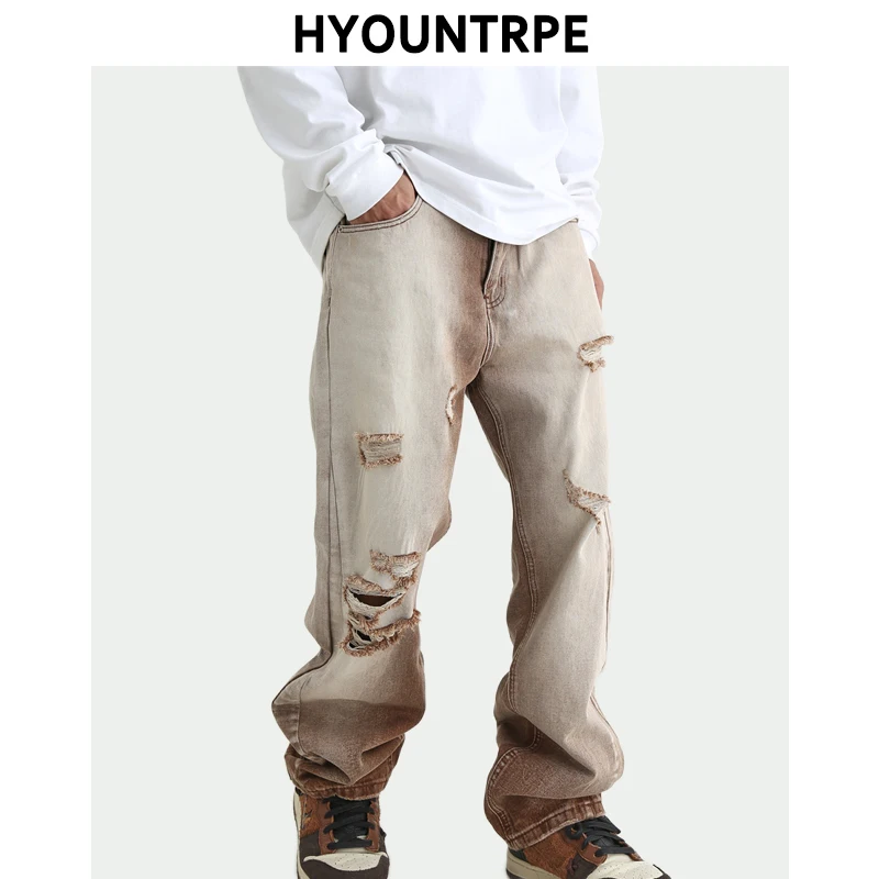 Fashion Denim Jeans Mens Destoryed Holes Zipper Straight Jeans Hip Hop Streetwear Spring Summer Casual Joggers Jeans Men Pants