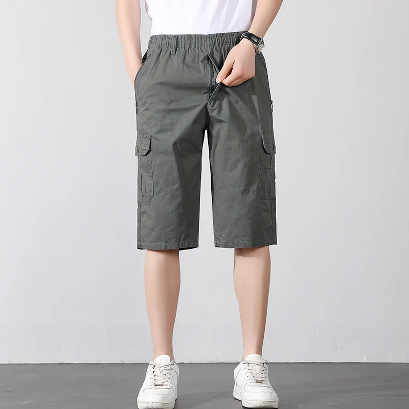 Men's Summer Pockets Solid Color Button Zipper High Waist Casual Knee Pants Straight Cargo Trousers Clothing Preppy Style Shorts