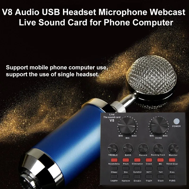 V8 오디오 믹서 USB 외장 사운드 카드, 헤드셋 마이크 라이브 방송 사운드 카드, 휴대폰 컴퓨터 사운드 카드용