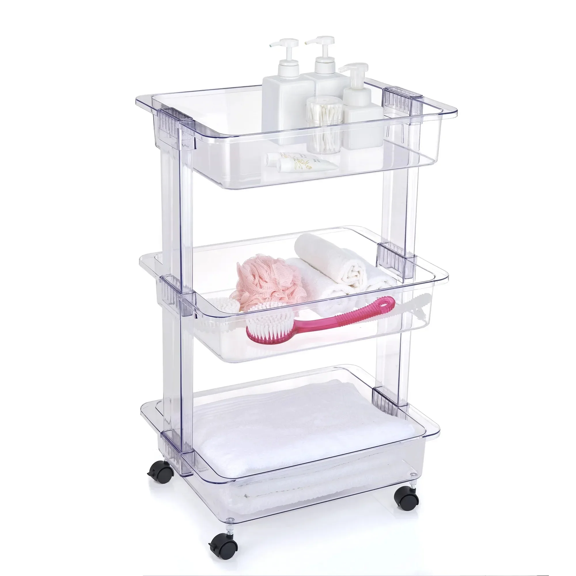 3 Tier Plastic Clear Utility Storage Cart Adult Size, Mobile Organizer for Bathroom, Kitchen & Office