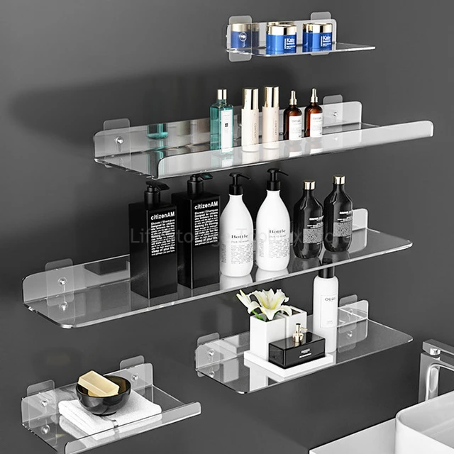 Clear Acrylic Shelf No Drill Wall Shelf Storage Rack Thick Transparent  Floating Rack Stick Display Shelf for Kitchen Bathroom - AliExpress