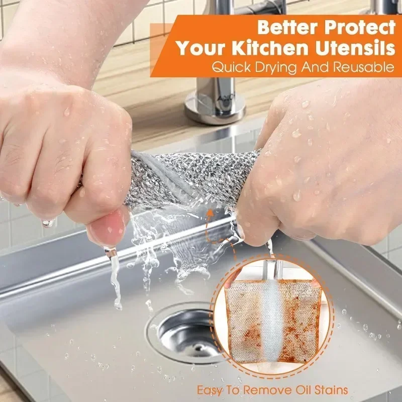 Silver Wire Dishwashing Steel Wire 20/1x Cleaning Cloths Double Layer Metal Towels Kitchen Pot Pan Dish Non Stick Oil Rags Cloth