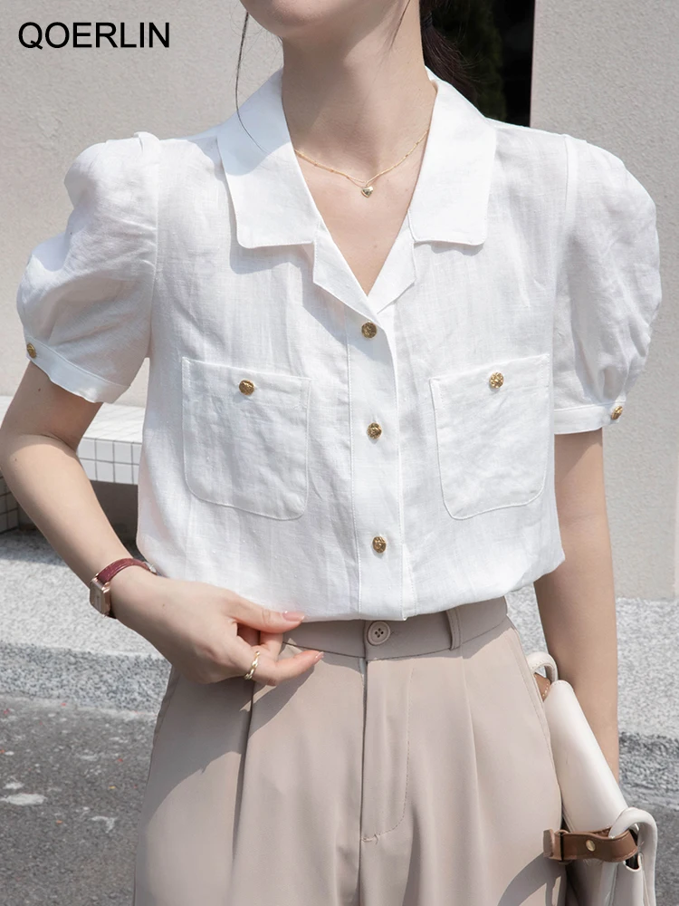 QOERLIN Korean Fashion Single-Breasted Pink Shirts Women Elegant Button Up Blouse Summer Short Sleeve Tops Puff Sleeve Tops Girl