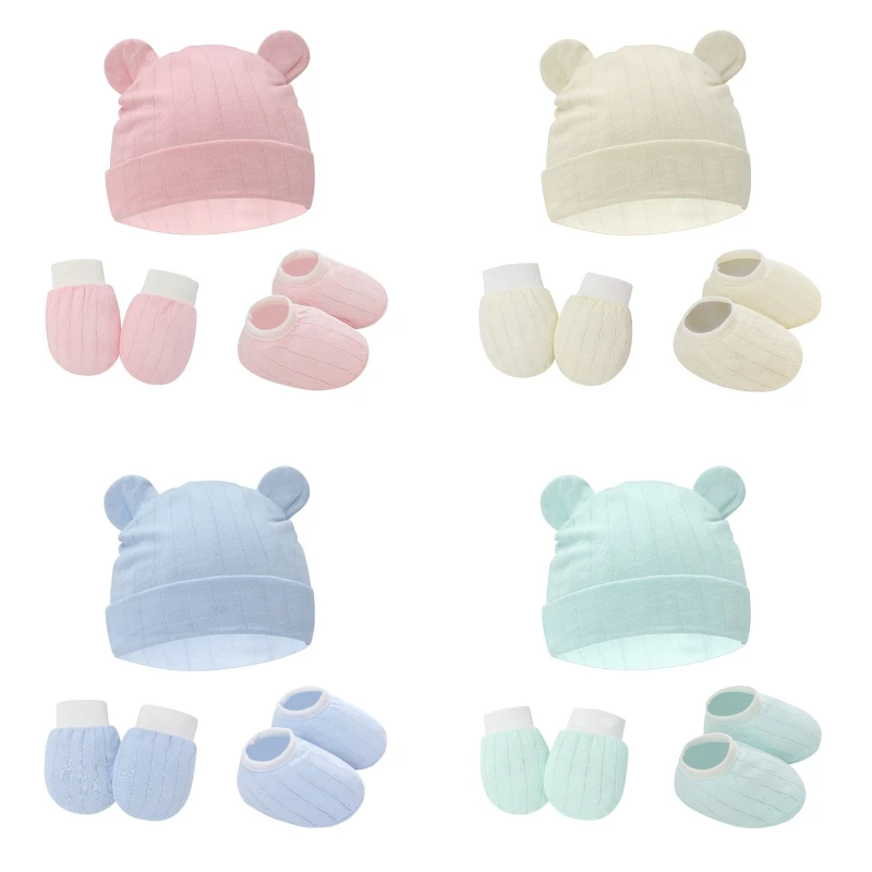 

1 Set Baby Anti Scratching Gloves Cute Ears Hat Foot Cover Set Soft Cotton Newborn No Scratch Mittens Socks Beanies Cap