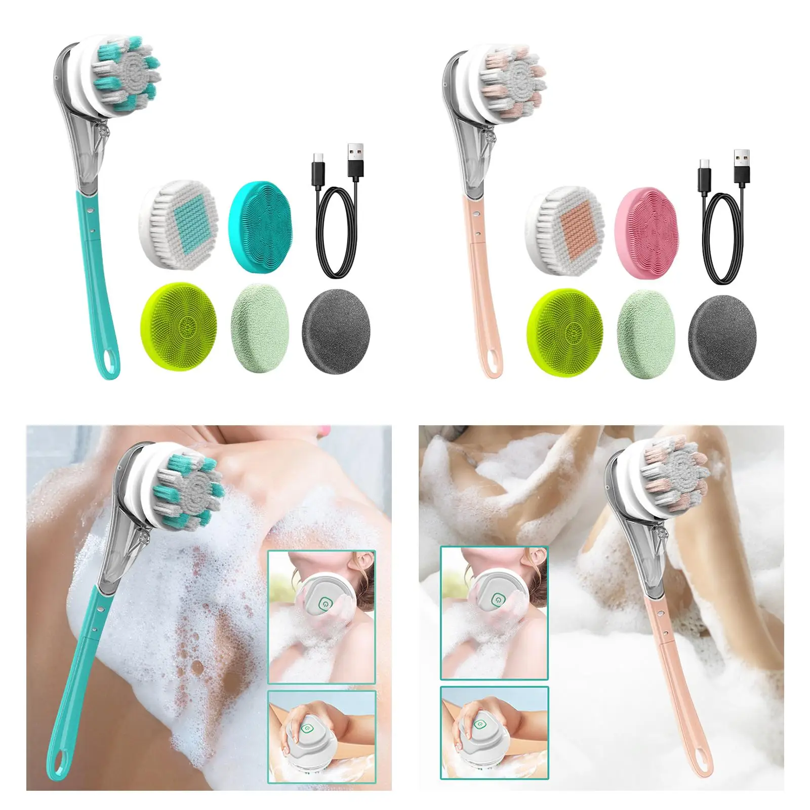 Electric Body Brush Scrubber Rechargeable with Long Handle Cordless Spinning Skin Brush for Deep Cleaning Exfoliating Showering