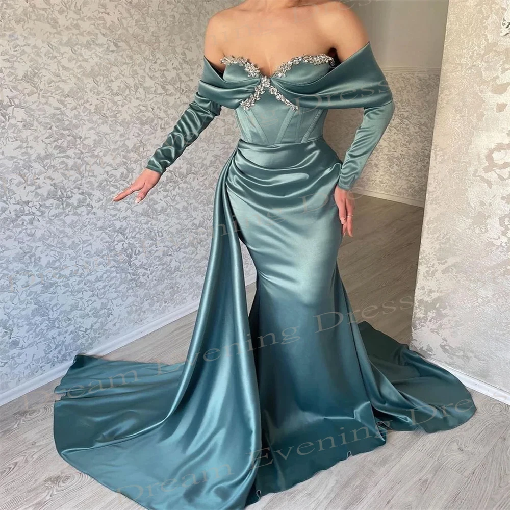 

Elegant Off The Shoulder Mermaid Long Sleeve Simple Satin Evening Dresses With Beading Prom Gowns Modern Vestidos De Fiesta 2024