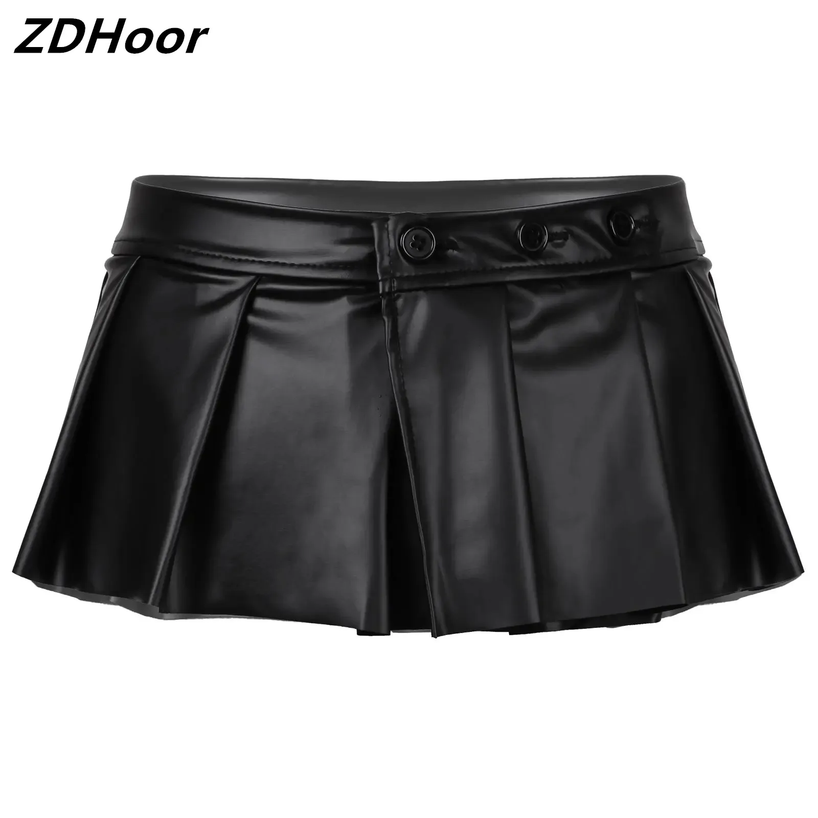 

Women Sexy PU Leather Miniskirt Rave Party Dance Bottoms Role Play Costume Solid Color Button Pleated Skirt Lingerie Clubwear