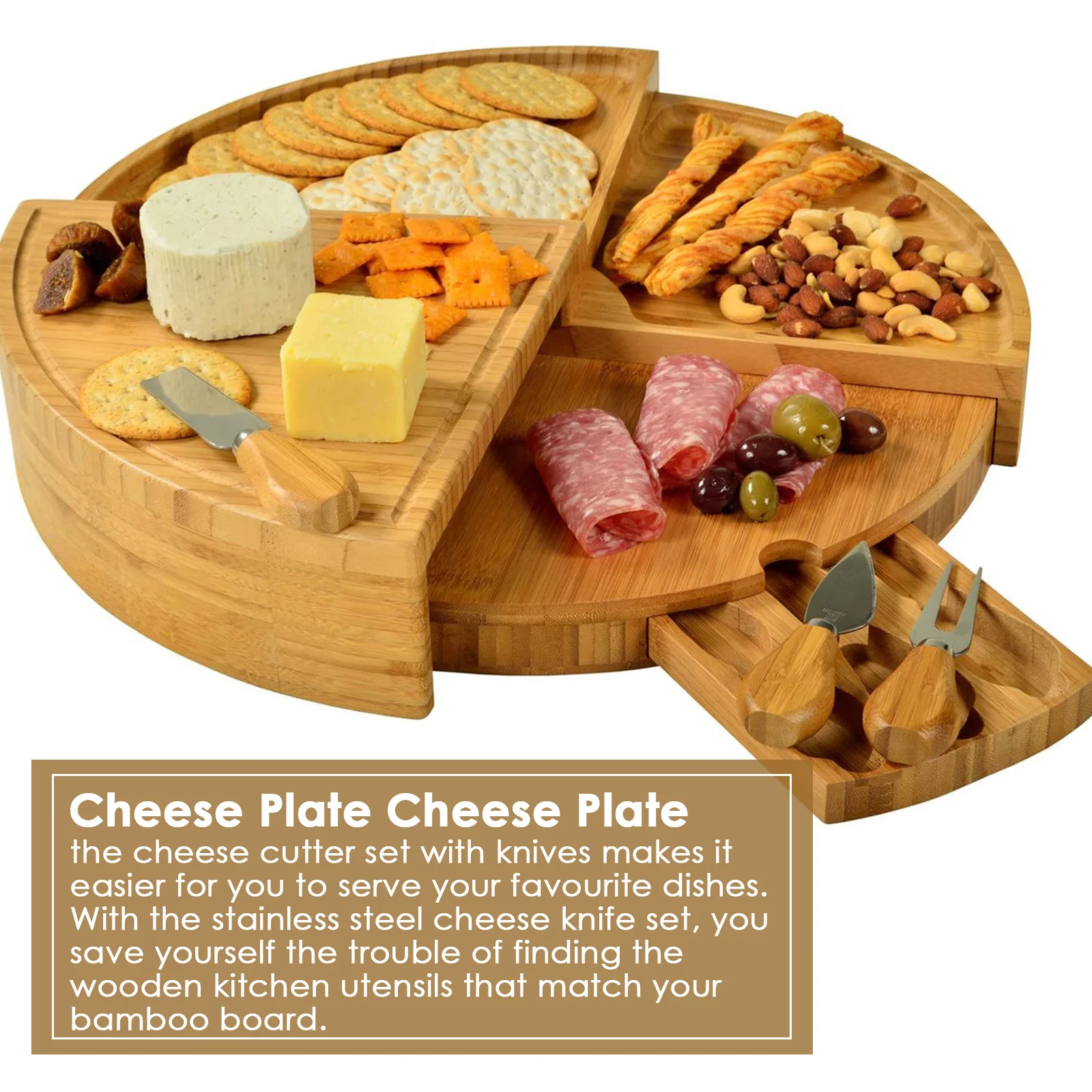 Bamboo Cheese Board with Knife Set 37 Cm Plate Rotating Serving for and Appetite Gifts Tool