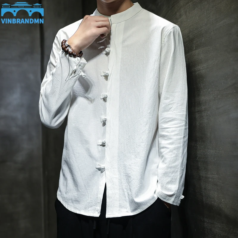 

2022 Men's Pure Cotton White Shirt Autumn Winter Men's Long Sleeve Shirt Chinese Style Bottomed Shirt Men's Stand Collar Shirt