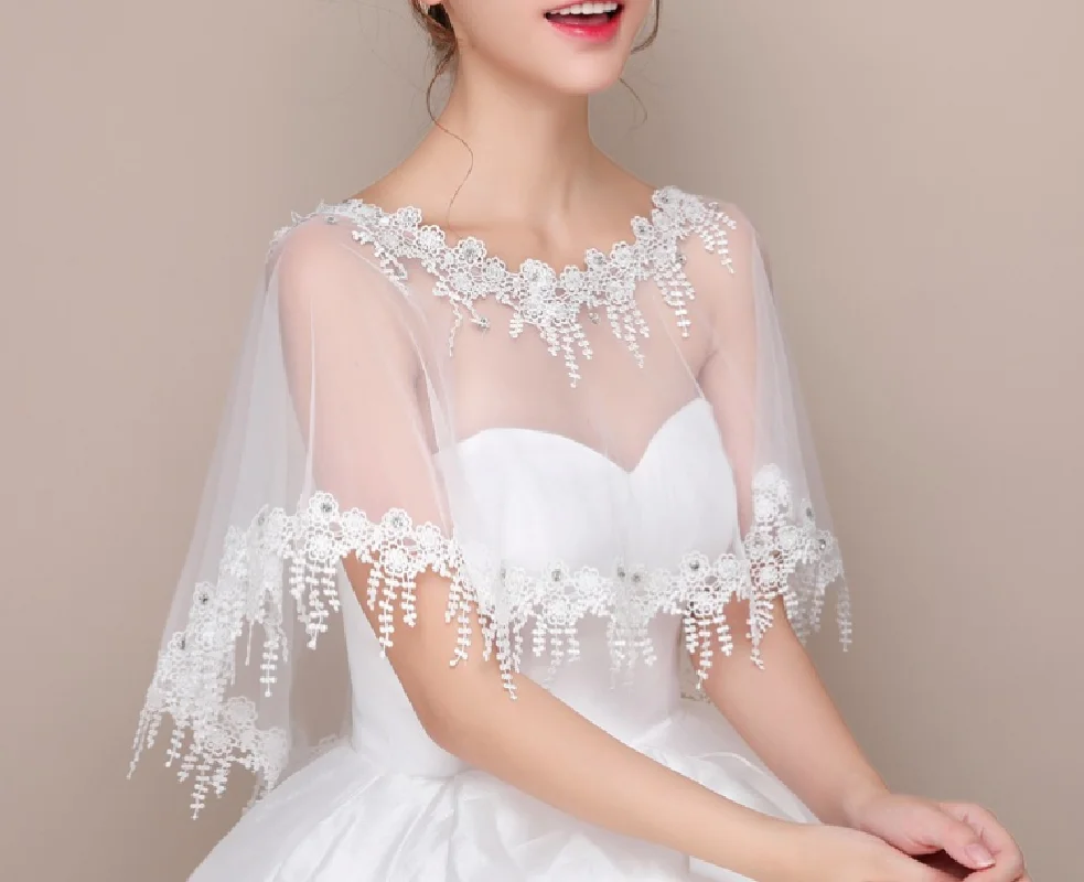 Single Layer Womens Wedding Bridal Lace Shawl Cape Jacket Tulle Net Translucency Cloak Wrap Shrug Party Accessories