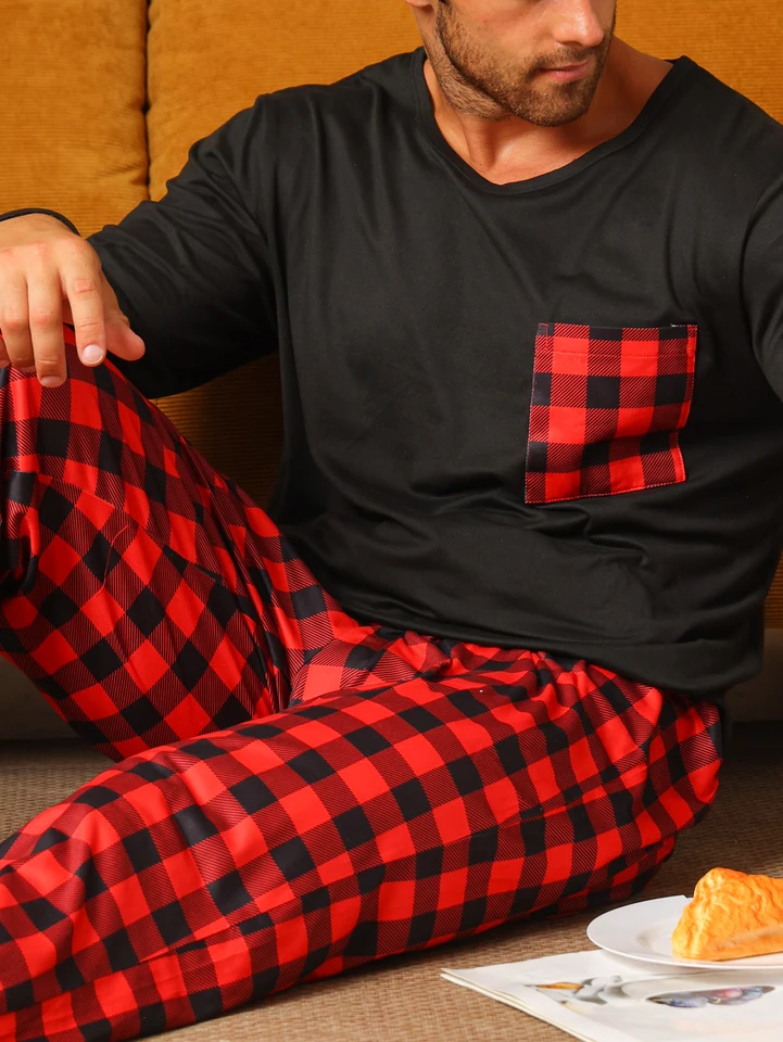 Pyjama Homme 2 Pièces Polaire - T-shirt Manches Longues + Pantalon à Carreaux - Confort Maison