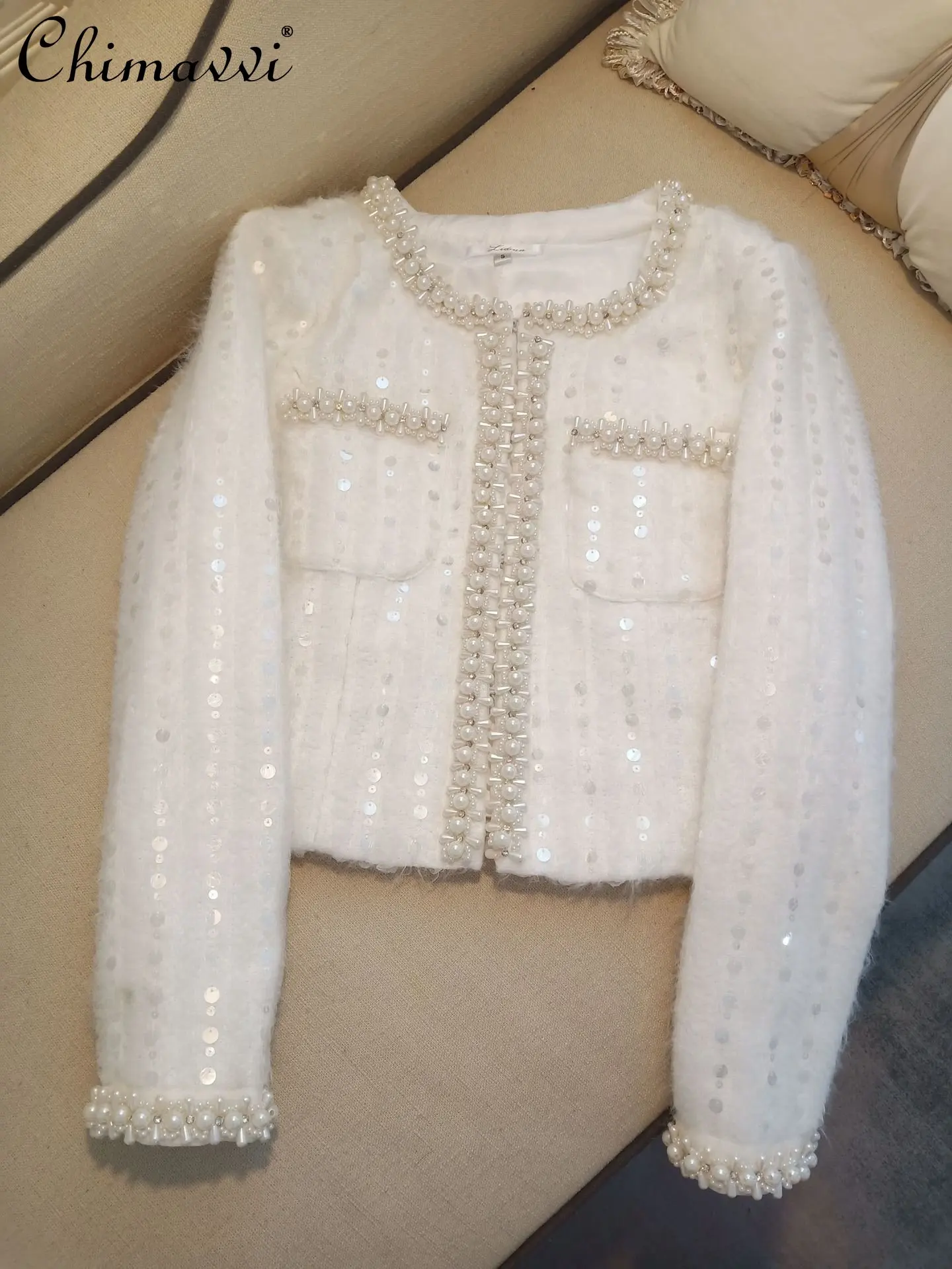 

Новинка весна-осень 2023, женское элегантное офисное короткое пальто с бусинами, женская модная Высококачественная модная шикарная куртка