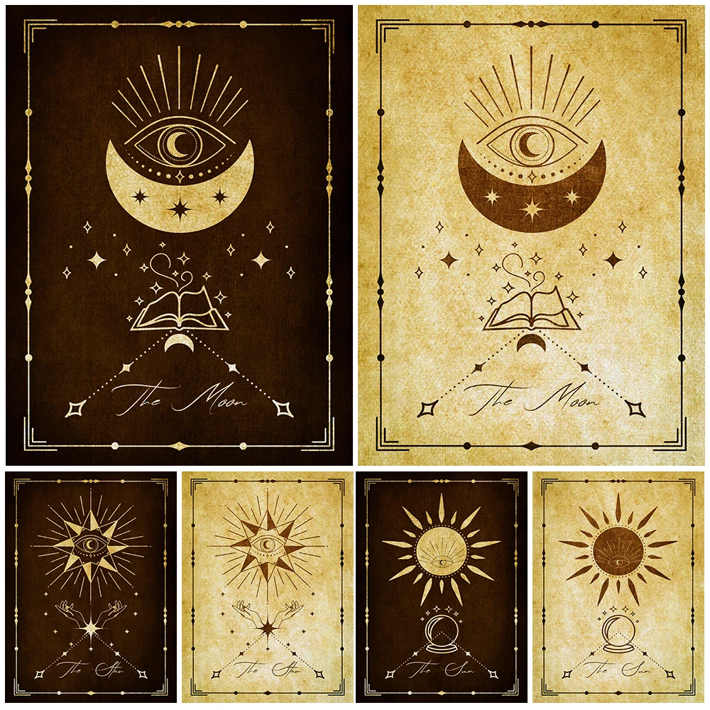 

The Star,Sun & Moon Art Poster Print Mysterious Witchcraft Magic Wall Art Retro Abstract Canvas Painting Home Decor Unframed