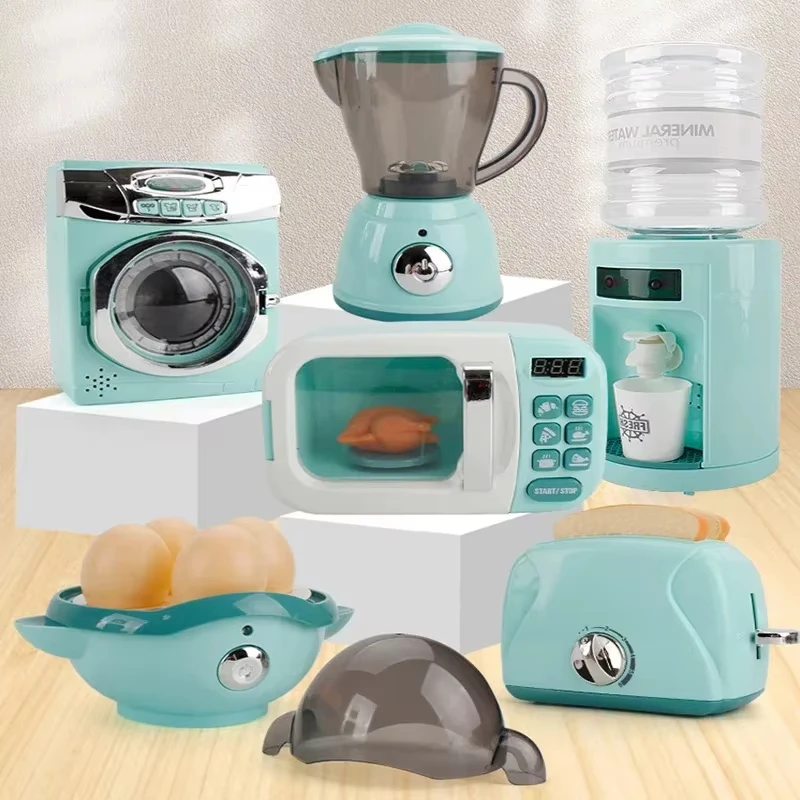Kids Pretend Play Toy Kitchen Home Appliances Playset Washing Machine Juicer Toaster Microwave Egg Cooker Child Educational Toys
