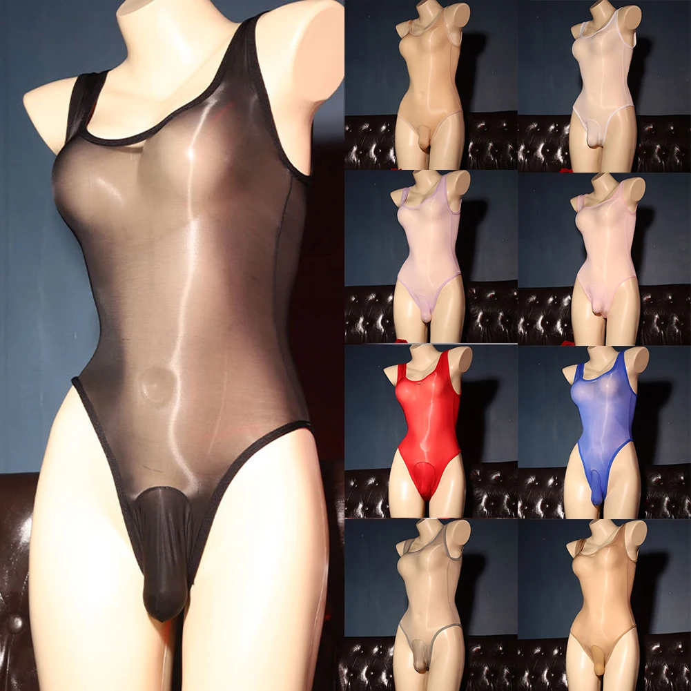 Sexy Mens Bodysuit Glossy Leotard Swimsuit Sleeveless Fitness Singlet Jumpsuit Transparent Underwear Gay Seduction Lingerie men underwear sexy lingerie
