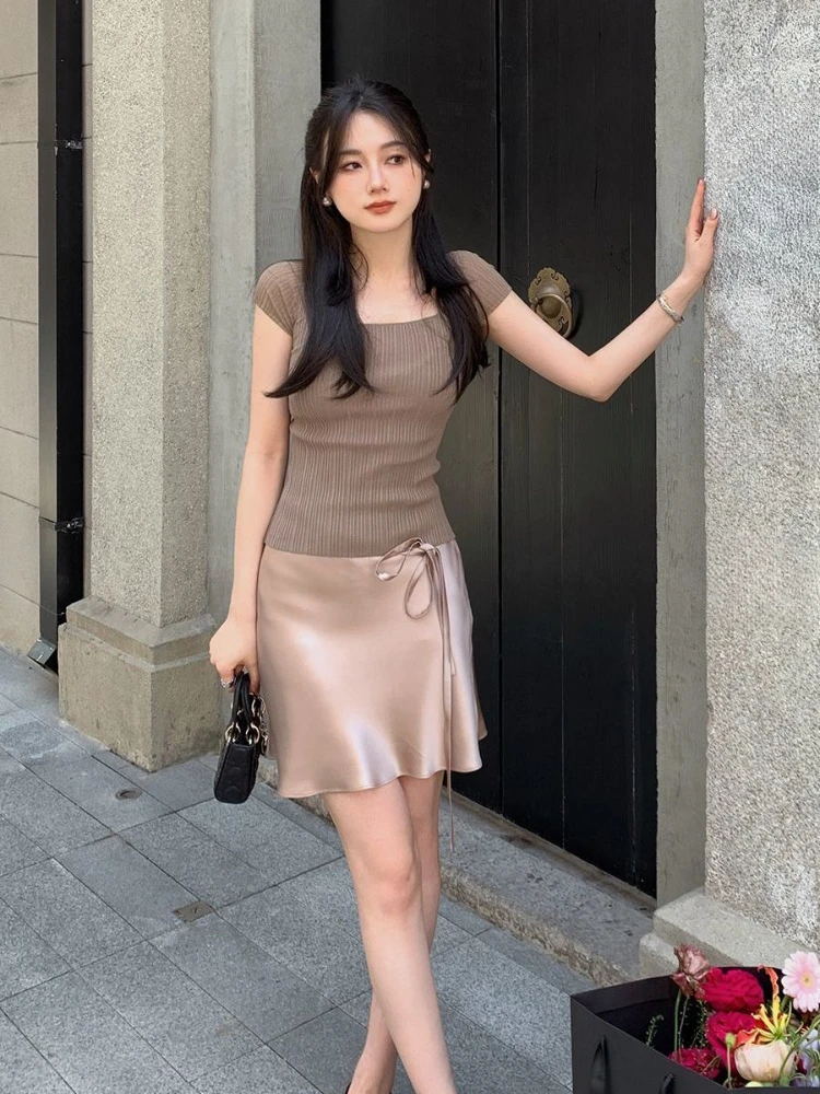 ADAgirl Korean Acetate A-line Skirts Women Y2k Fashion Loose Lace-up High Waist Summer Miniskirt Streetwear Causal Mujer Bottoms