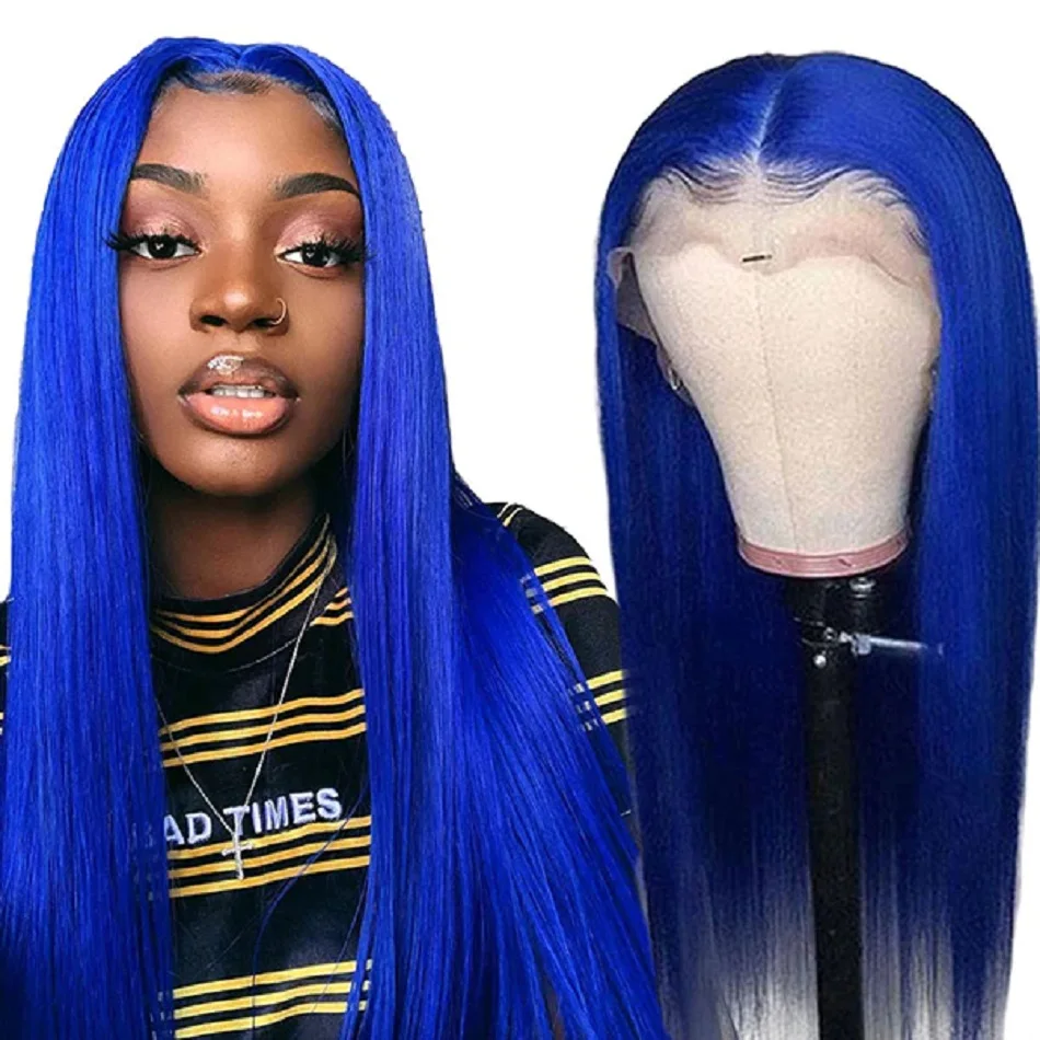 

Blue Color Lace Front Human Hair Wigs Straight 13x4 Transparent Lace Frontal Wig Sapphire Blue Remy Human Hair Pre Plucked 180%