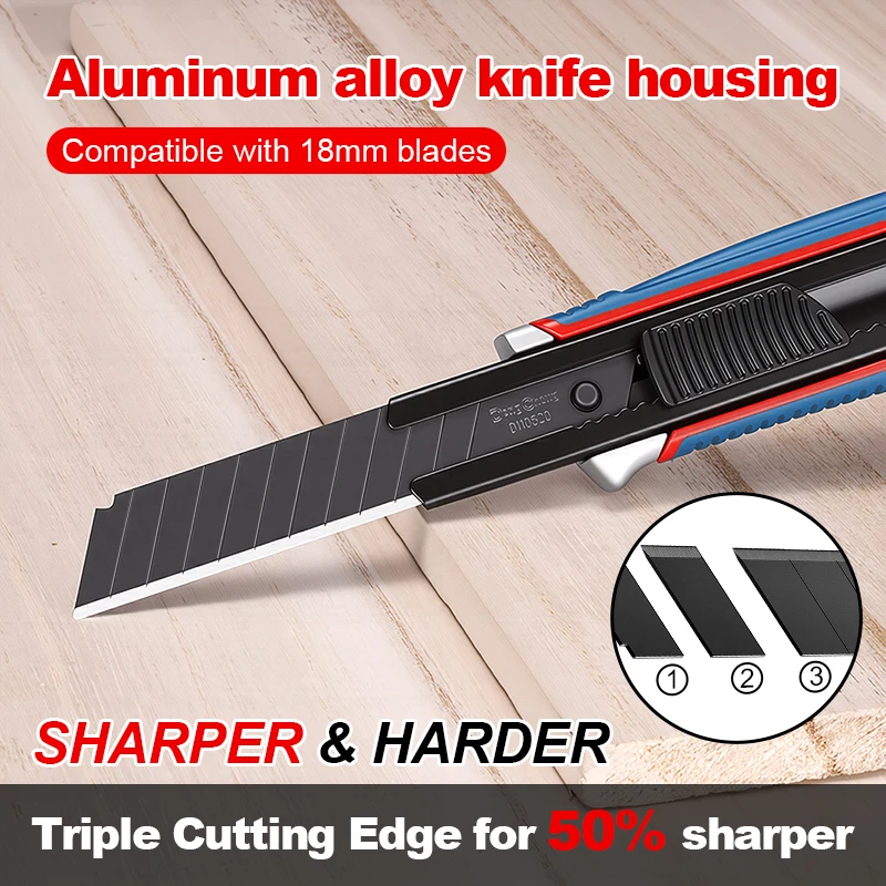 알루미늄 손잡이가 있는 헤비듀티 유틸리티 나이프 - 블랙 SK5 블레이드, 18mm 블레이드 호환, 전문적인 절단을 위한 눈부심 방지 마감 처리
