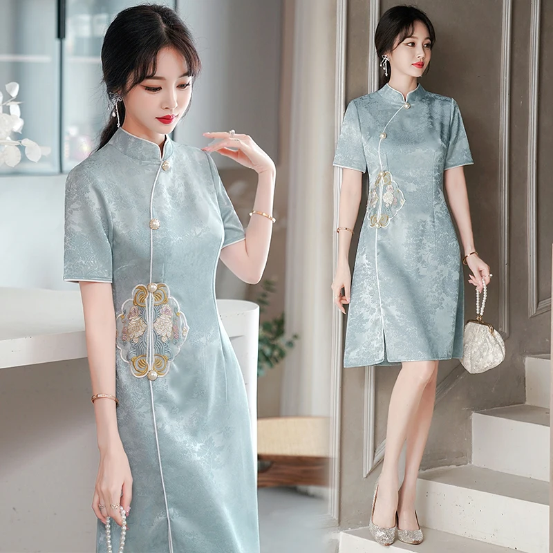 

Traditional Chinese Style Embroidery Modern Cheongsam Women's Summer Improved Young Short Sleeve Qipao Dress