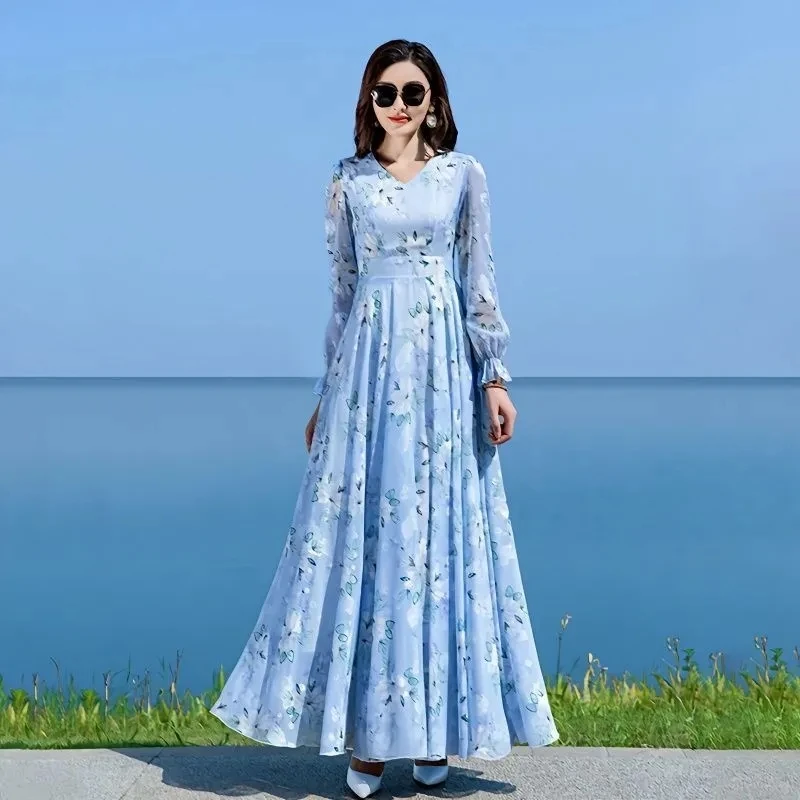 Floral Chiffon Long-Sleeved Dress Female 2023 Spring New Waist Big