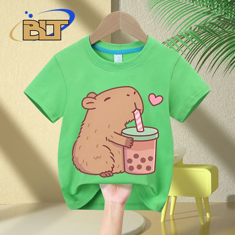 Cute Capybara Loves Bubble Tea print kids T-Shirt summer children's pure cotton short-sleeved casual tops boys and girls gifts 3