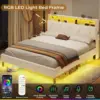 Full Size Bed Frame with Headboard Storage & LED Lights, Platform Bed Frame Full Size with Charging Station, Creamy White 3