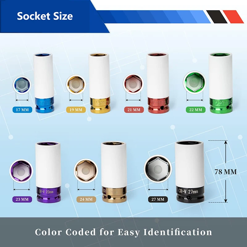 1/2" Drive Lug Nut Socket Set Wheel Socket Set Impact Lug Nut Socket Set Thin Wall Lug Nut Socket Set with Colored 3