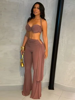 Weird Puss Ruched 2 Piece Set Women Sexy Halter Backless Bra+Metal Casp Ribbon Flared Pants Matching Party Club Stretch Outfits 1