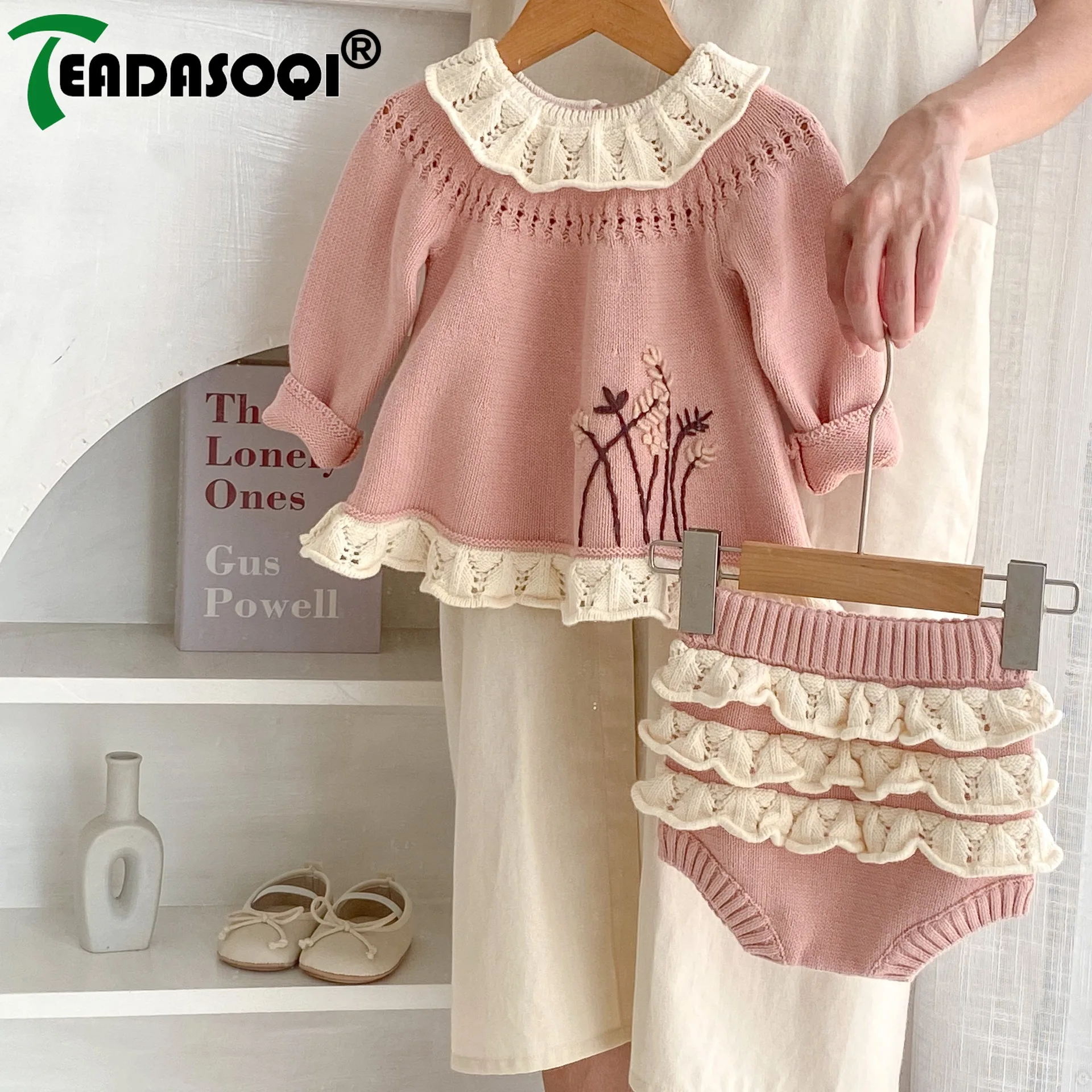 

2023 Autumn Clothing Baby Princess 0-3Y Infant Kids Girls Full Sleeve Ruffles Knitted Patch Top Sweater + Shorts Newborn Toddler